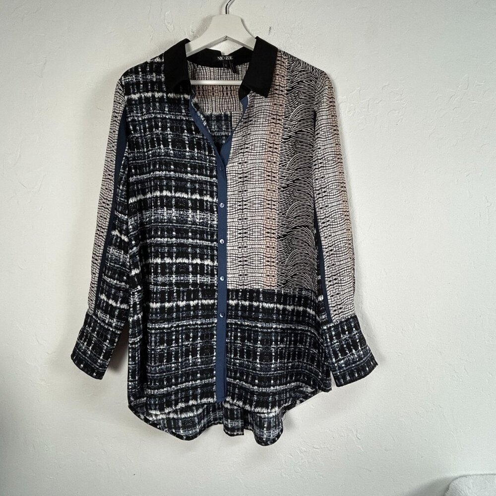 Nic+Zoe Womens Mixed Media Button-Up Shirt Medium Long Sleeve Black/White Casual